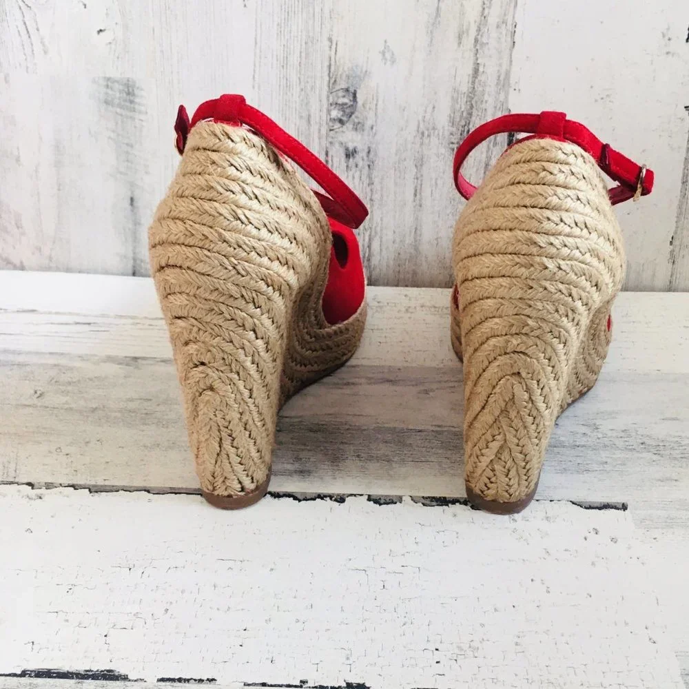NIB Jean Michael Cazabat Zulaka Red Wedge Espadrille Ankle Strap Suede - Picture 5 of 10
